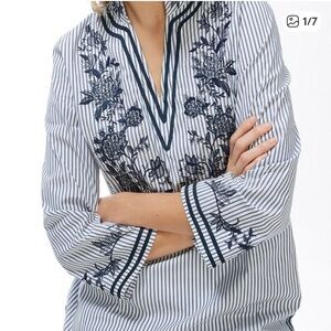 Chico's Poplin Floral Embroidered Striped Navy and White Shirt
